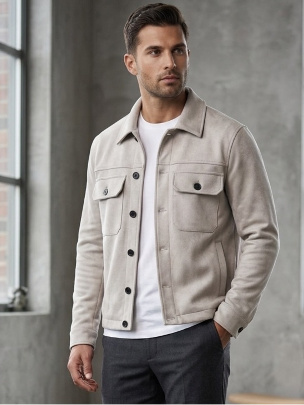 D&F by Ricky Singh Taupe Faux Suede Shirt Jacket
